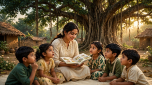 বটগাছের নিচে শিক্ষক ও শিক্ষার্থীরা - শিক্ষামূলক উক্তি ছবি