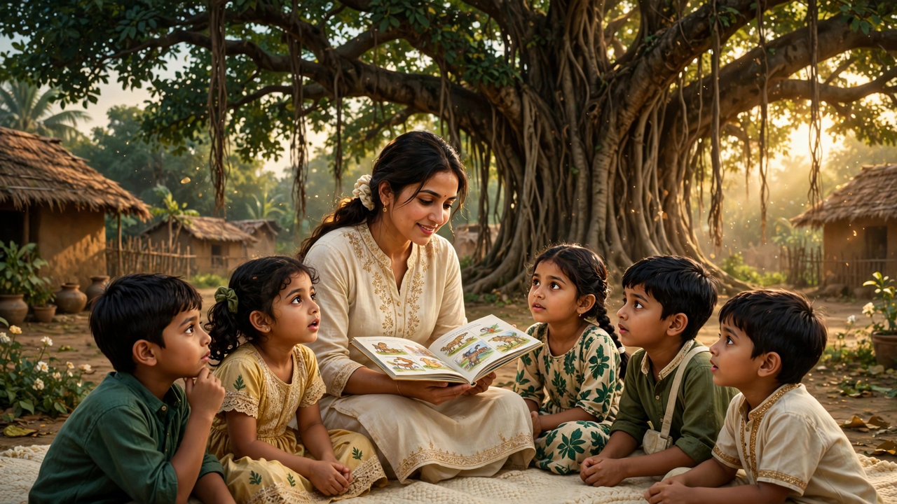 বটগাছের নিচে শিক্ষক ও শিক্ষার্থীরা - শিক্ষামূলক উক্তি ছবি