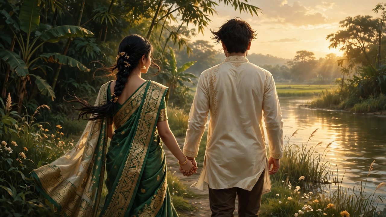 নদীর ধারে হাত ধরে যুগল - রিলেশনশিপ স্ট্যাটাস ছবি