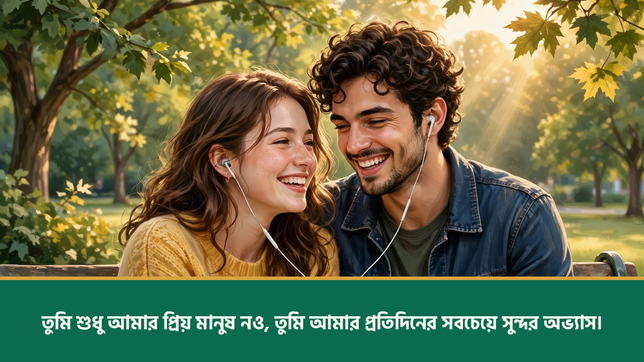 বেঞ্চে ইয়ারফোন ভাগ করে যুগল - রিলেশনশিপ স্ট্যাটাস ছবি