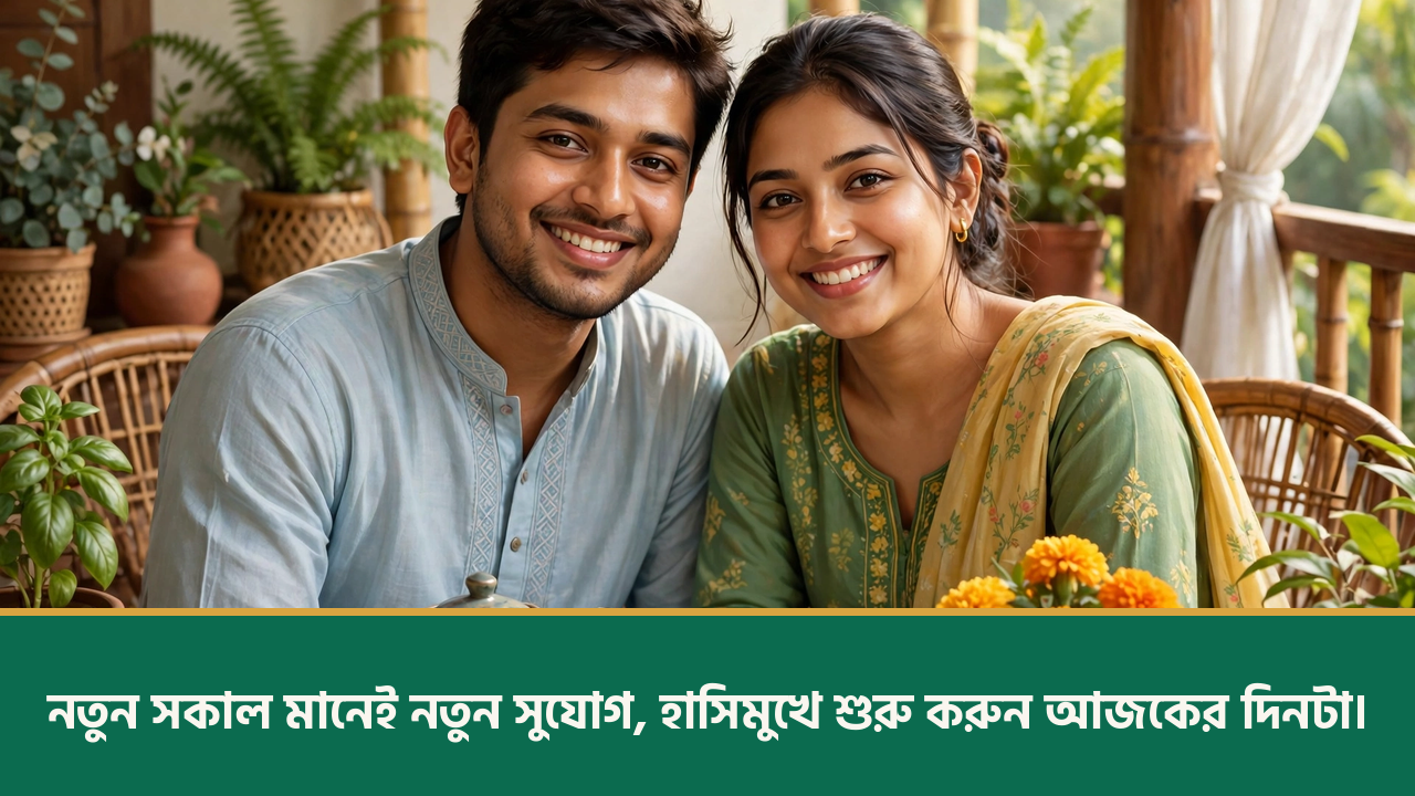 বারান্দায় বসে হাসিমুখ যুগল - শুভ সকাল স্ট্যাটাস ছবি
