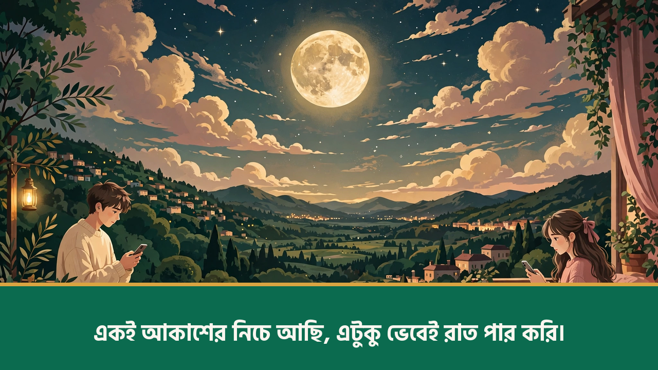 একই আকাশের নিচে দূরে থাকা প্রেমিক যুগল - দূরের রোমান্টিক ক্যাপশন