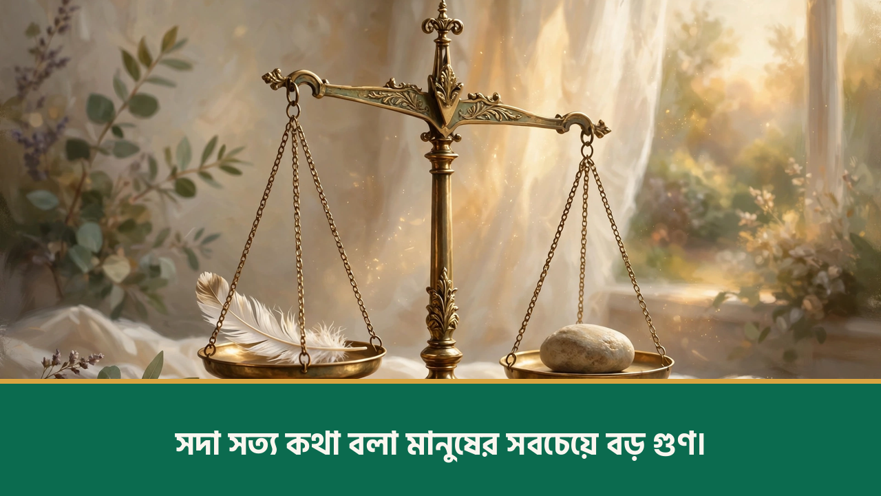 কাঠের টেবিলে পিতলের দাঁড়িপাল্লা - শিক্ষামূলক উক্তি ছবি