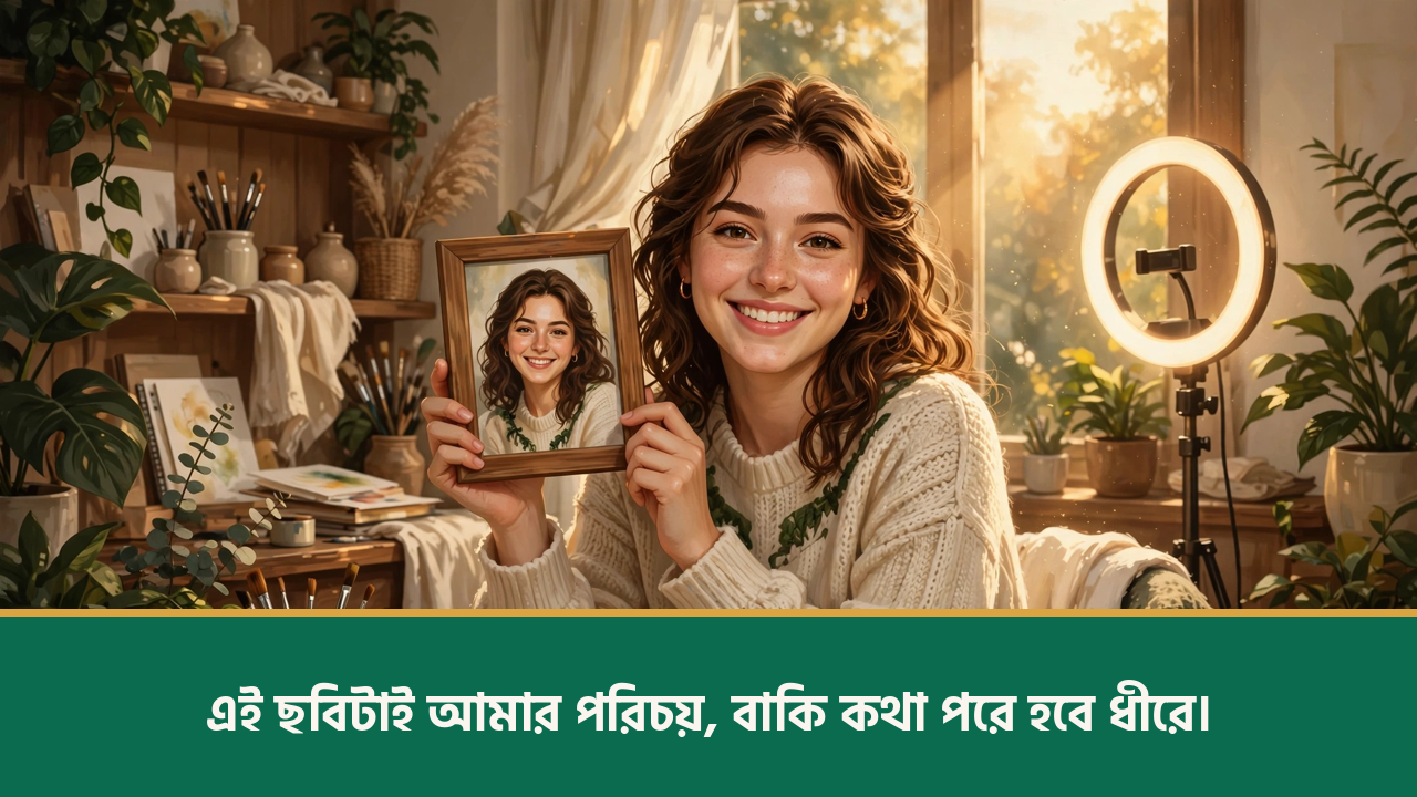 নিজের ফ্রেমবন্দি ছবি হাতে যুবতী - ইউনিক ক্যাপশন বাংলা ছবি