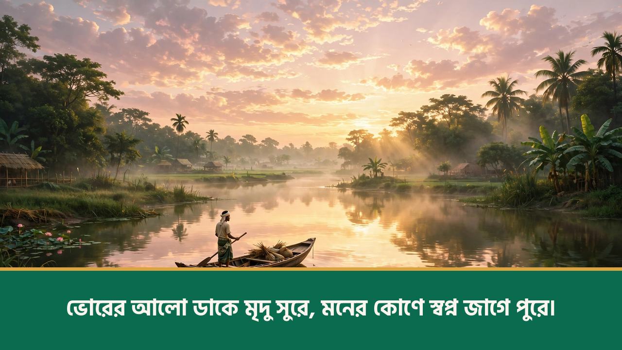 নদীতে সূর্যোদয় ও নৌকা - শুভ সকাল কবিতা ছবি