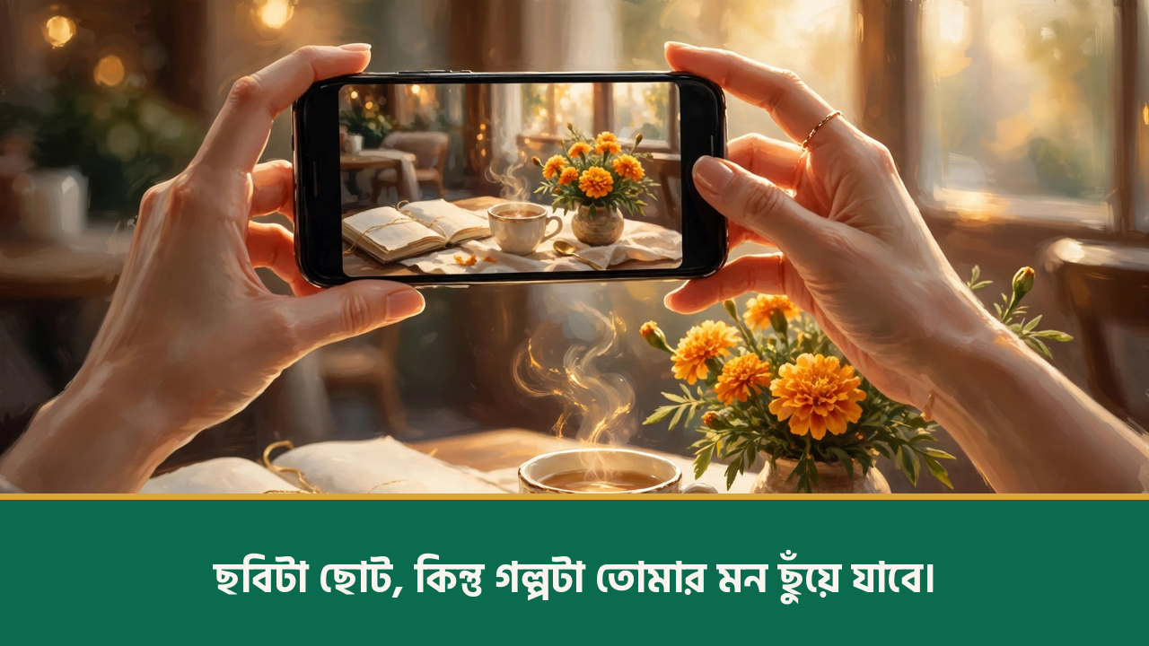 স্মার্টফোনে চায়ের টেবিলের ছবি তোলা - ইউনিক ক্যাপশন বাংলা ছবি