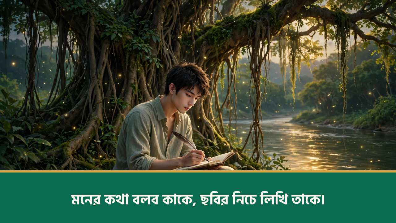 বটগাছের নিচে কবিতা লেখা যুবক - ইউনিক ক্যাপশন বাংলা ছবি