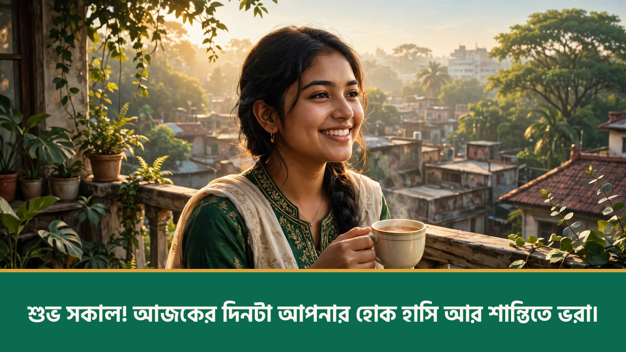 বারান্দায় চা হাতে হাসিমুখ তরুণী - শুভ সকাল স্ট্যাটাস বাংলা ছবি