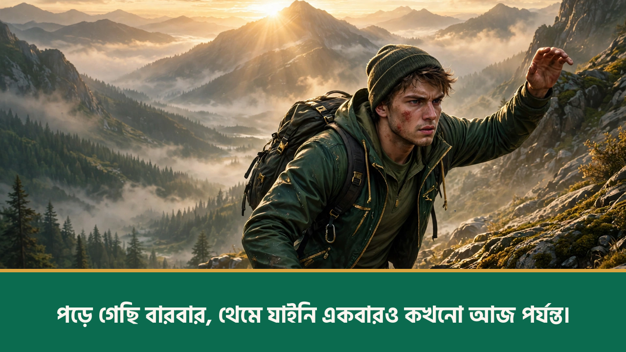 পাহাড়ি পথে উঠে দাঁড়ানো হাইকার - ইউনিক ক্যাপশন বাংলা ছবি