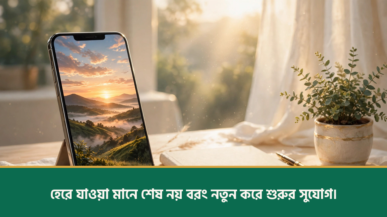 টেবিলে সূর্যোদয়ের ছবিসহ স্মার্টফোন - শিক্ষামূলক উক্তি ছবি