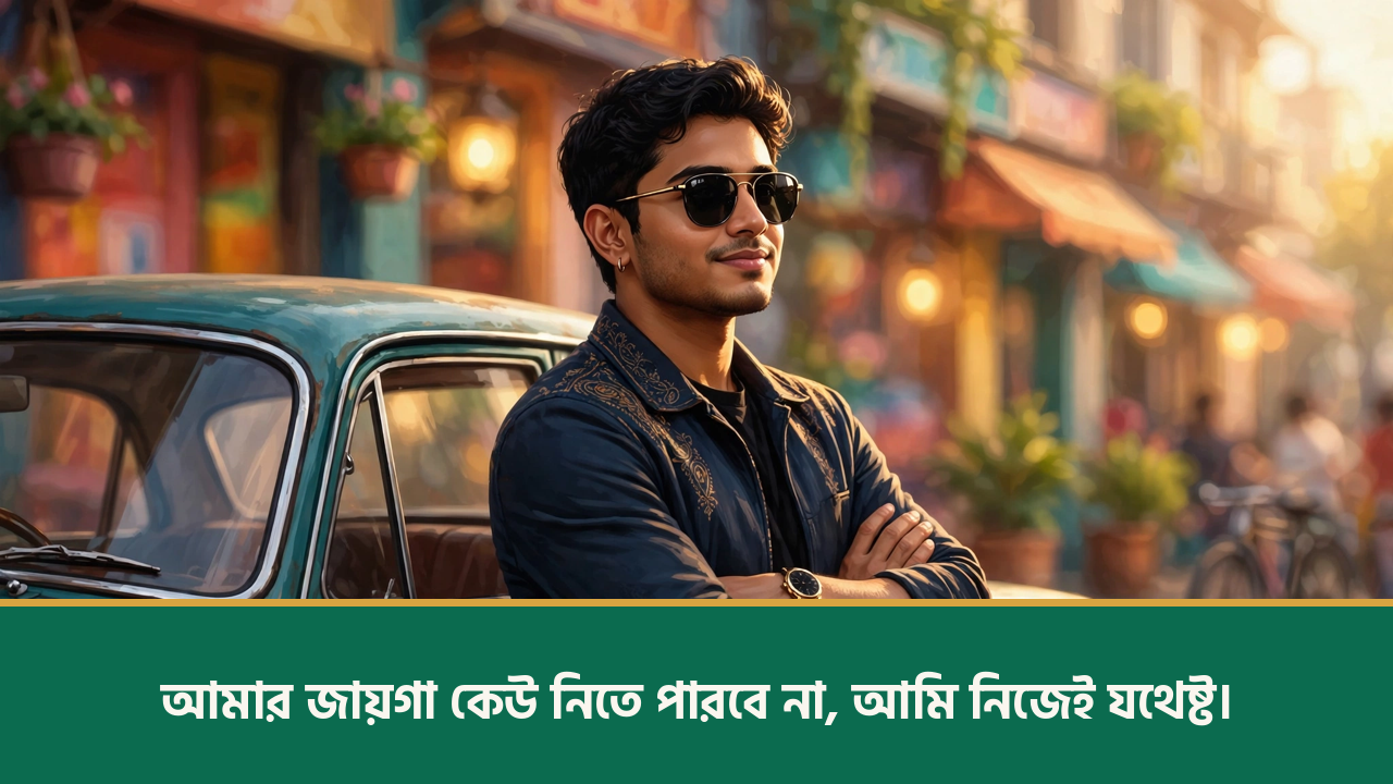 গাড়ির পাশে সানগ্লাস পরা আত্মবিশ্বাসী যুবক - ইউনিক ক্যাপশন বাংলা ছবি